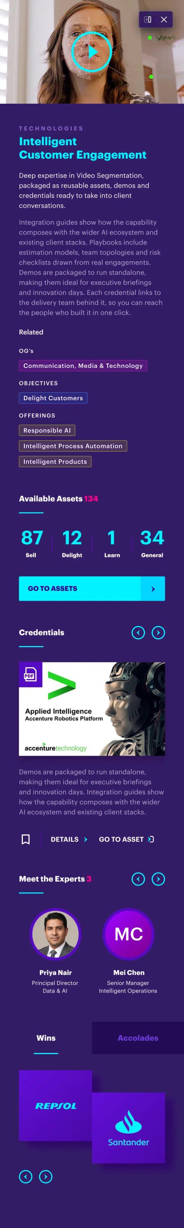 The contextual panel in full: the capability and what it covers, the assets counted and linked, then its credentials, the experts behind it, and the clients it has been delivered for.
