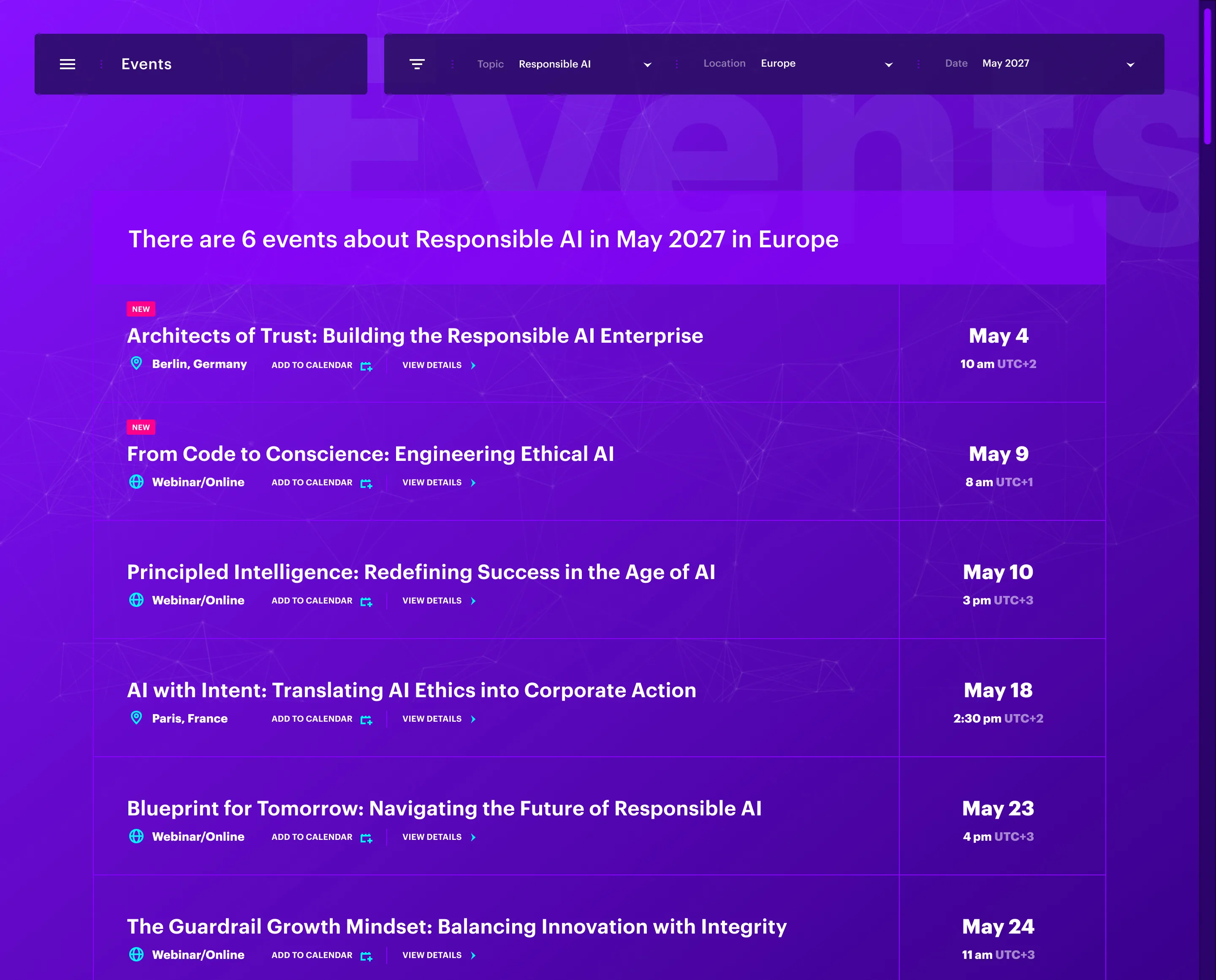 The events directory: a month of talks and webinars listed by date, each with a place and a way to add it to a calendar.