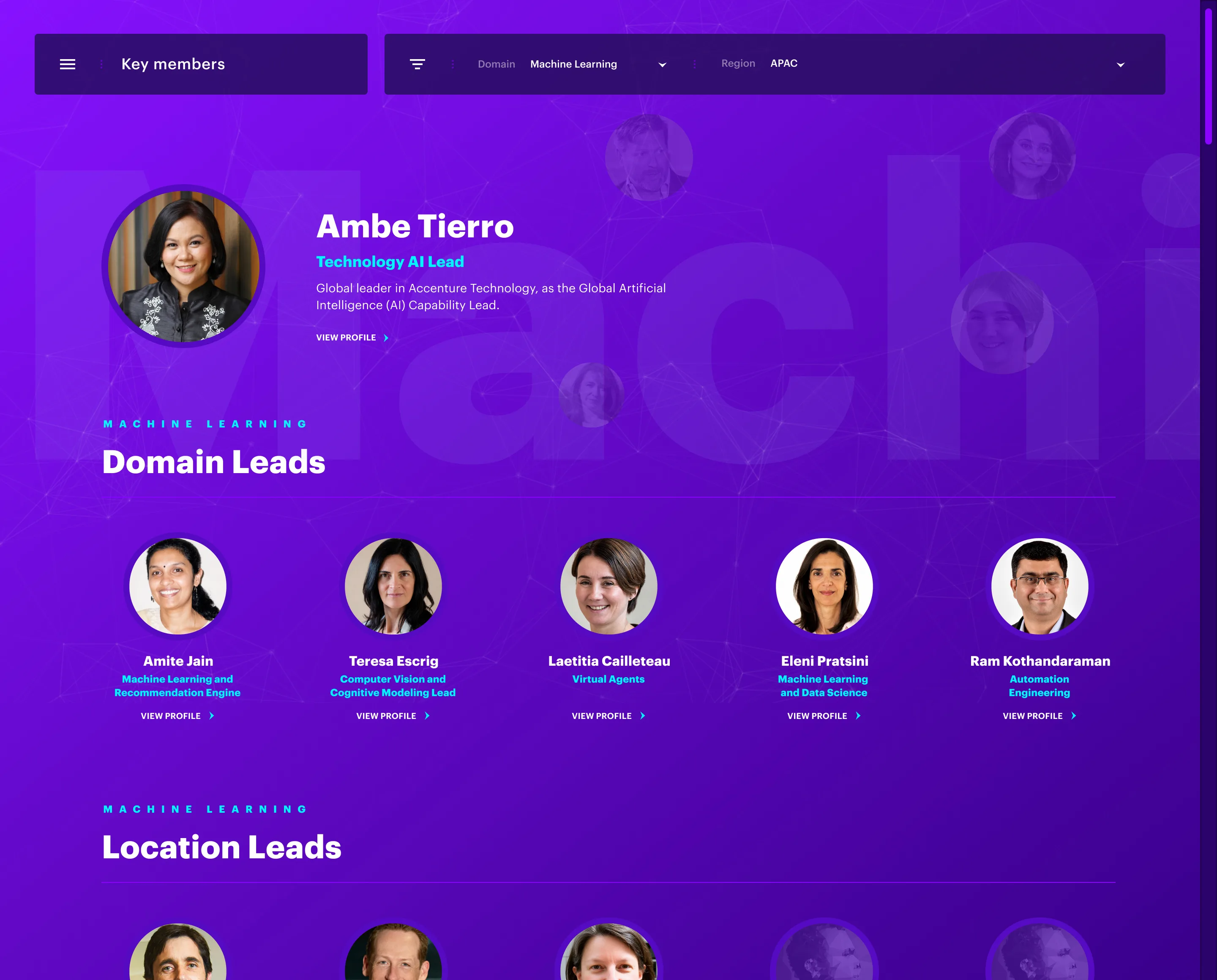 The experts directory: a lead specialist at the top, then the domain and location leads beneath, filtered by domain and region.