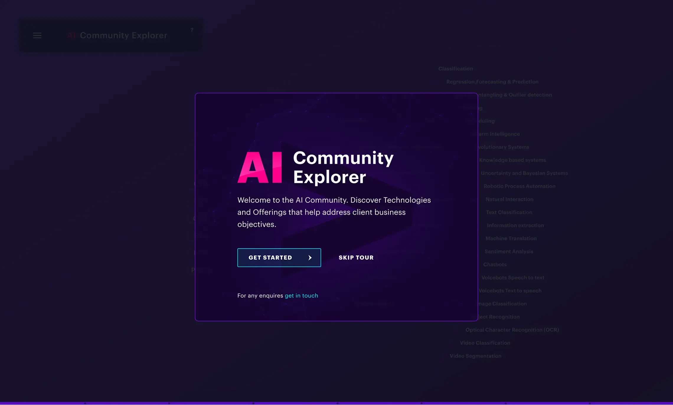 The welcome card: an introduction to the AI Community, with Get started and Skip tour.