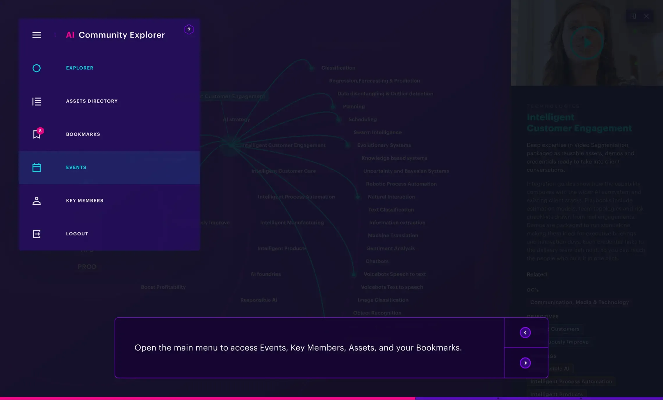 The main menu open, showing Events, Key Members, Assets and Bookmarks.