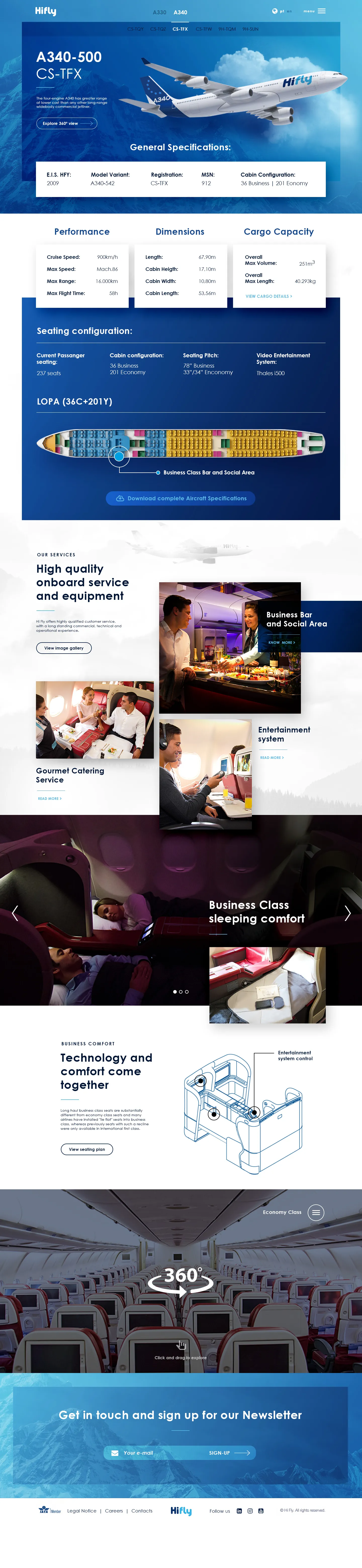 The full Hi Fly fleet page design for the A340-500, with general specifications, performance, dimensions, cargo capacity, seating layout and the onboard service sections.
