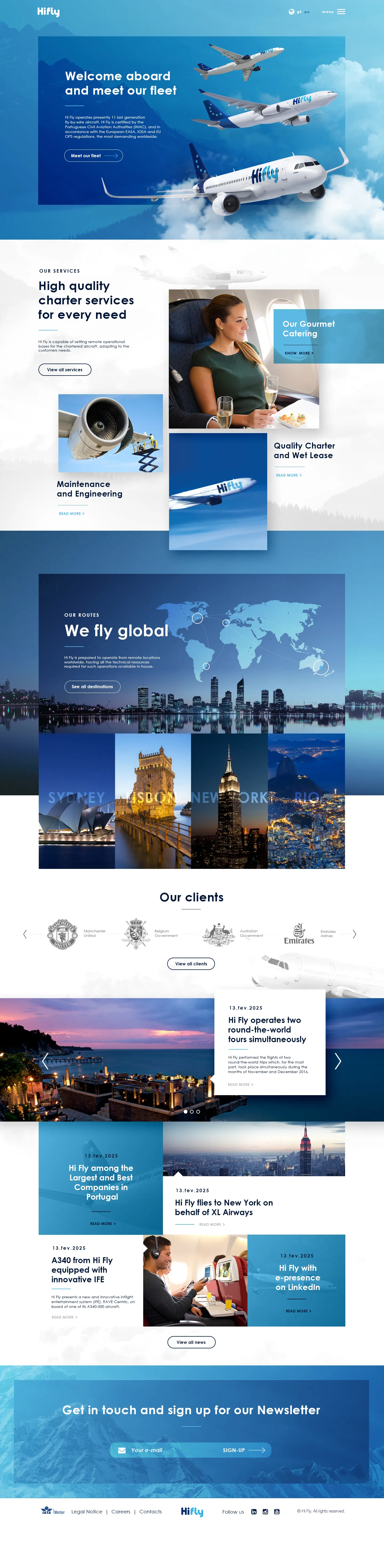 The full Hi Fly homepage design, from the fleet hero through services, routes, clients and news to the newsletter sign-up.