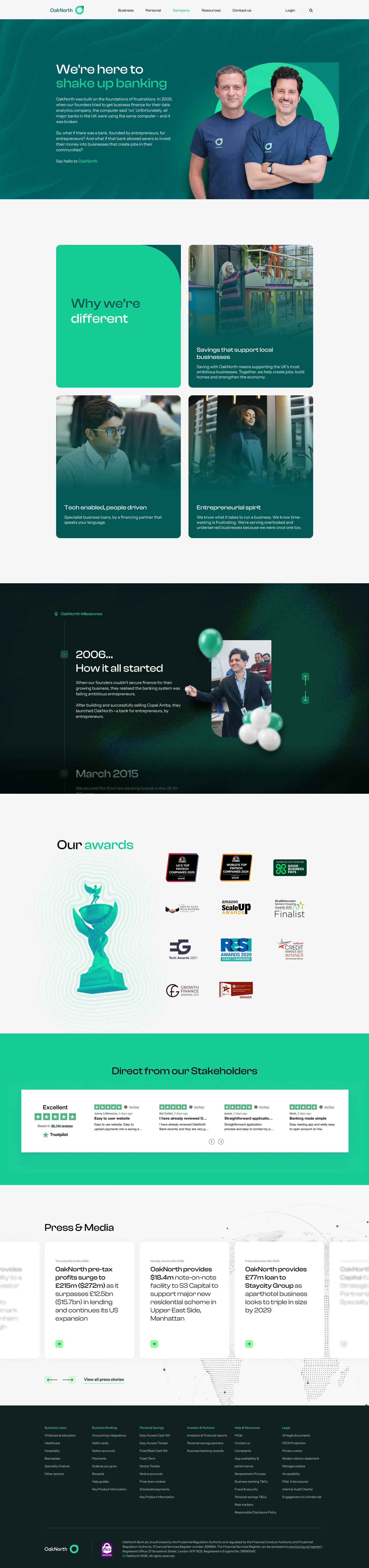 The full OakNorth company page design, from the founders and the reasons the bank is different through the milestones timeline to the awards, the Trustpilot feed and the press and media stories.