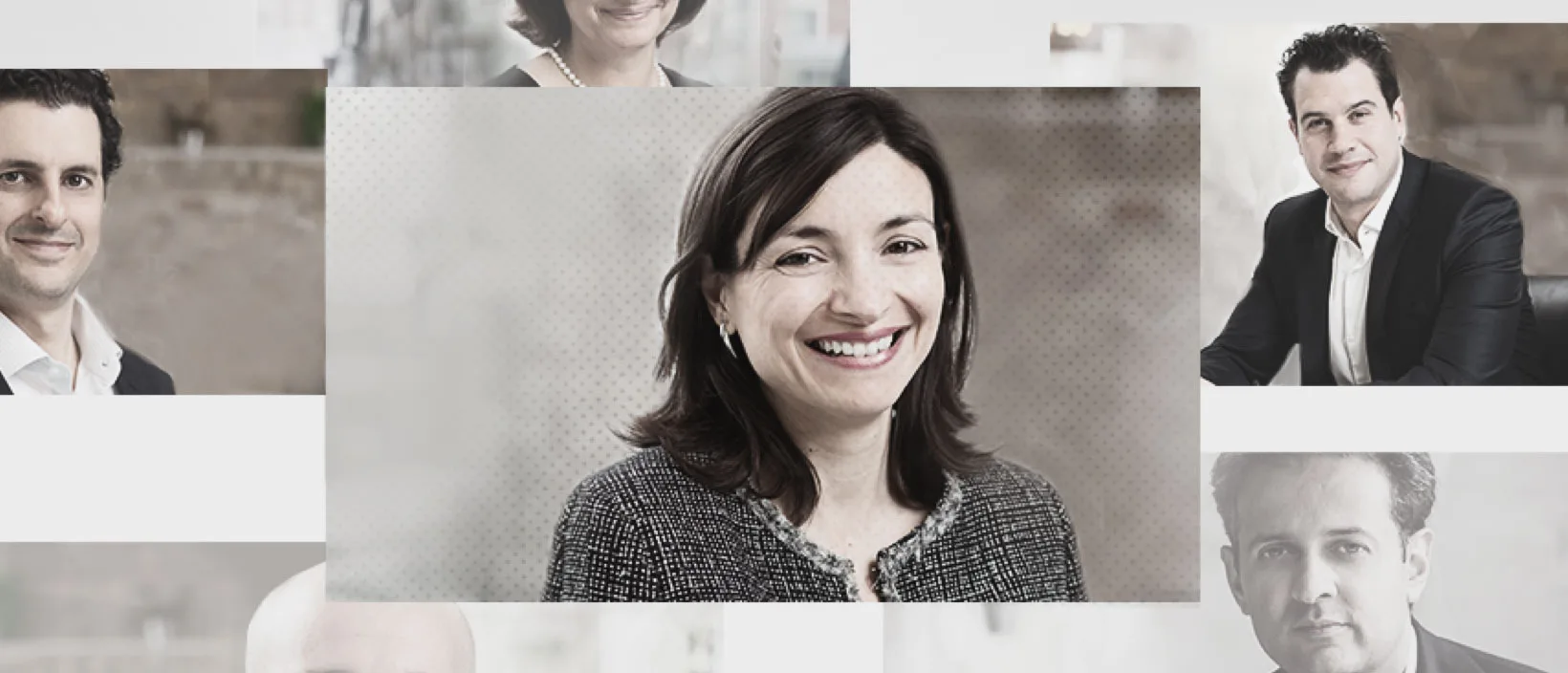A collage of portraits of OakNorth customers and founders, overlapping in soft greys.