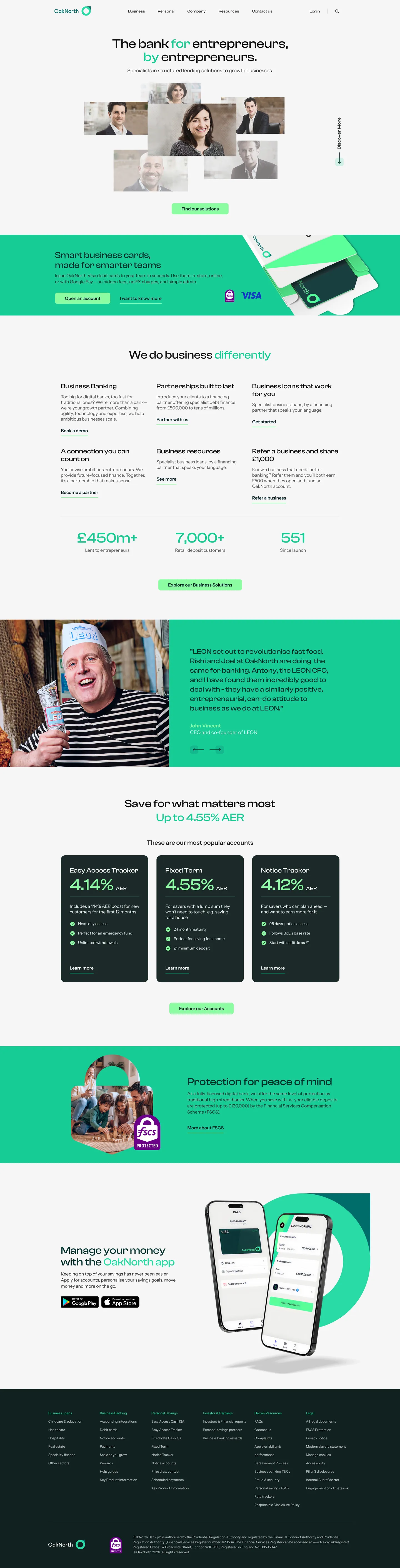 The full OakNorth homepage design, from the entrepreneurs hero and the Smart Business Card through the differentiators, figures and testimonials to the savings accounts, the FSCS badge and the mobile app.