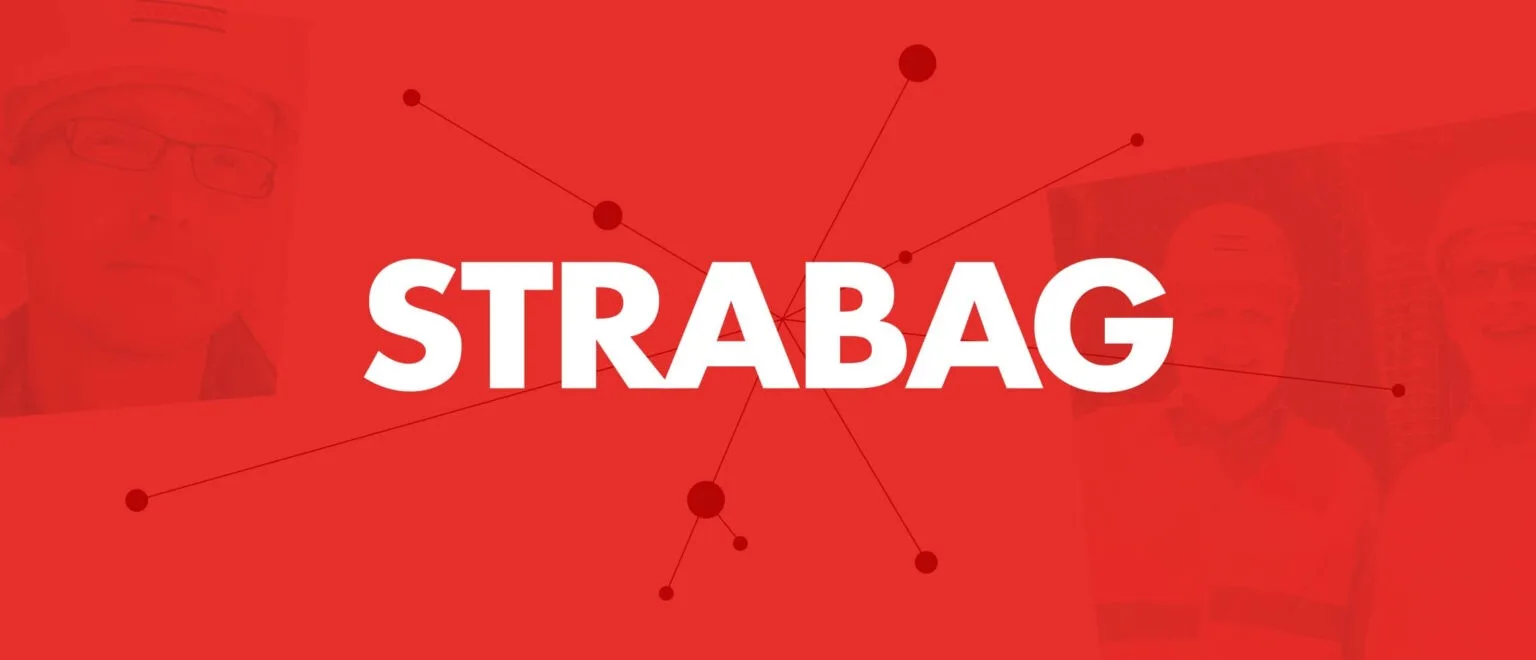 The Strabag Innovation hero: the name across a red field, with portraits of engineers behind it and a network of points and lines drawn over the whole.