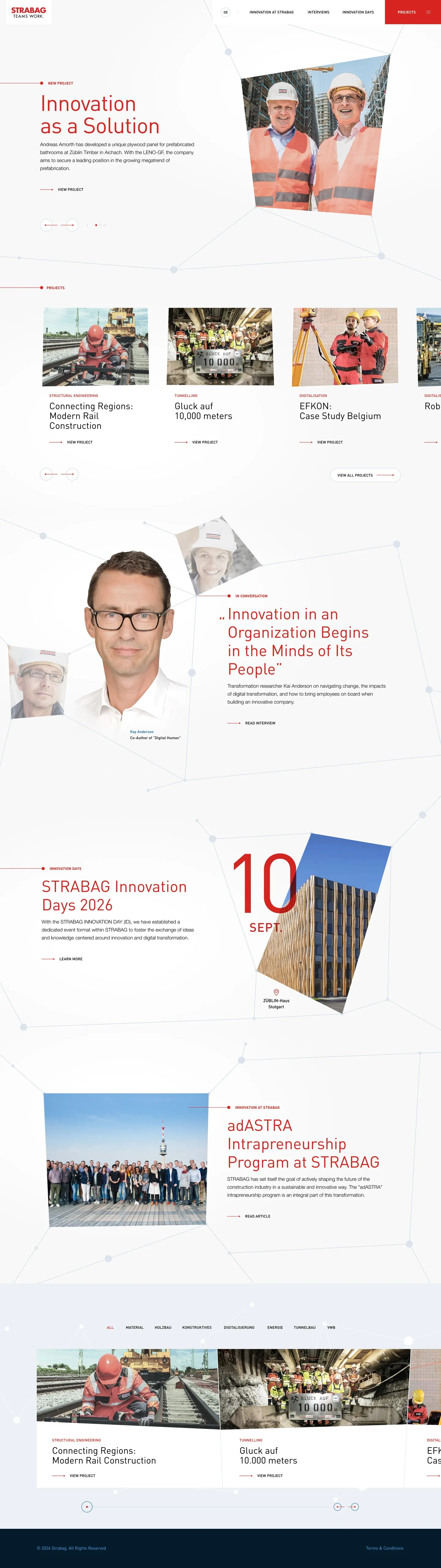 The full Strabag Innovation homepage design, from the lead story and the row of project cards through the interview and the innovation-days feature to the filtered project list and the footer.