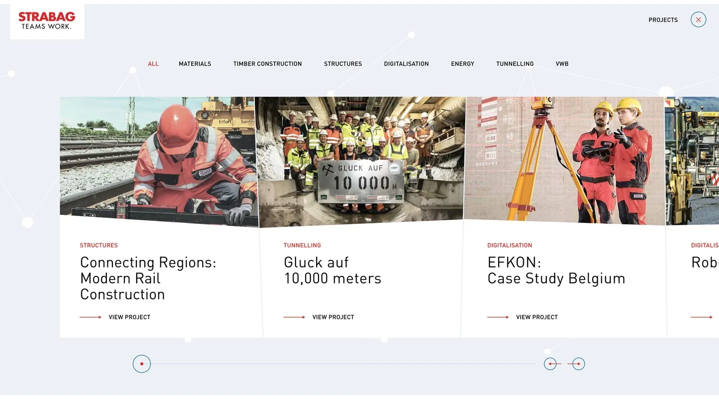 The open navigation: the sections listed across the top, and under them a row of project thumbnails cut to polygons.