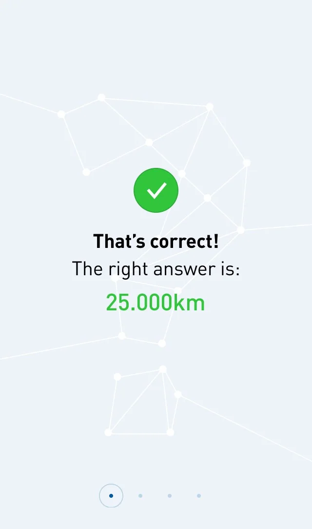 The answer confirmed: a green tick, and the right answer given as 25,000 km.