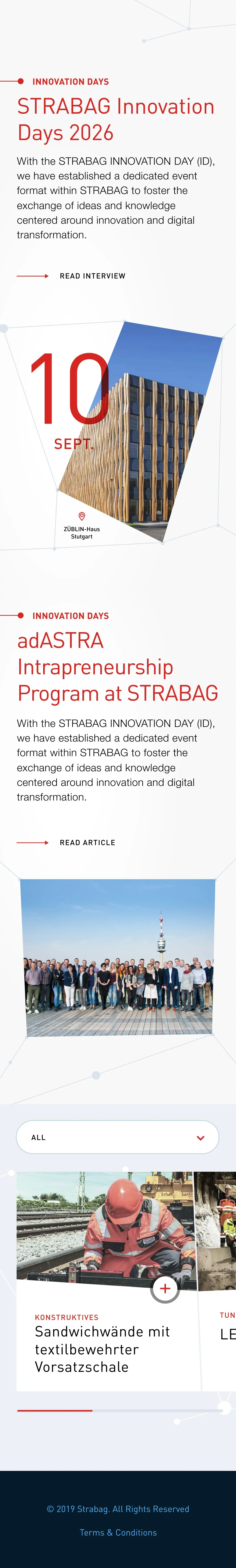 Further down the same phone page: the innovation-days feature, the adASTRA article, the topic filter and the project list.