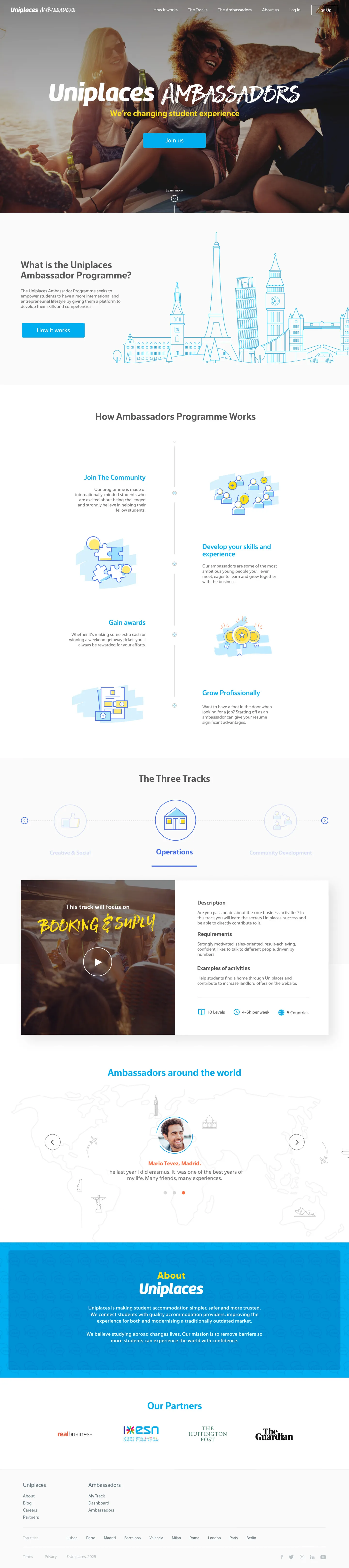 The full Uniplaces Ambassadors recruitment landing page, from the hero and the programme’s tracks through the benefits and testimonials to the sign-up.